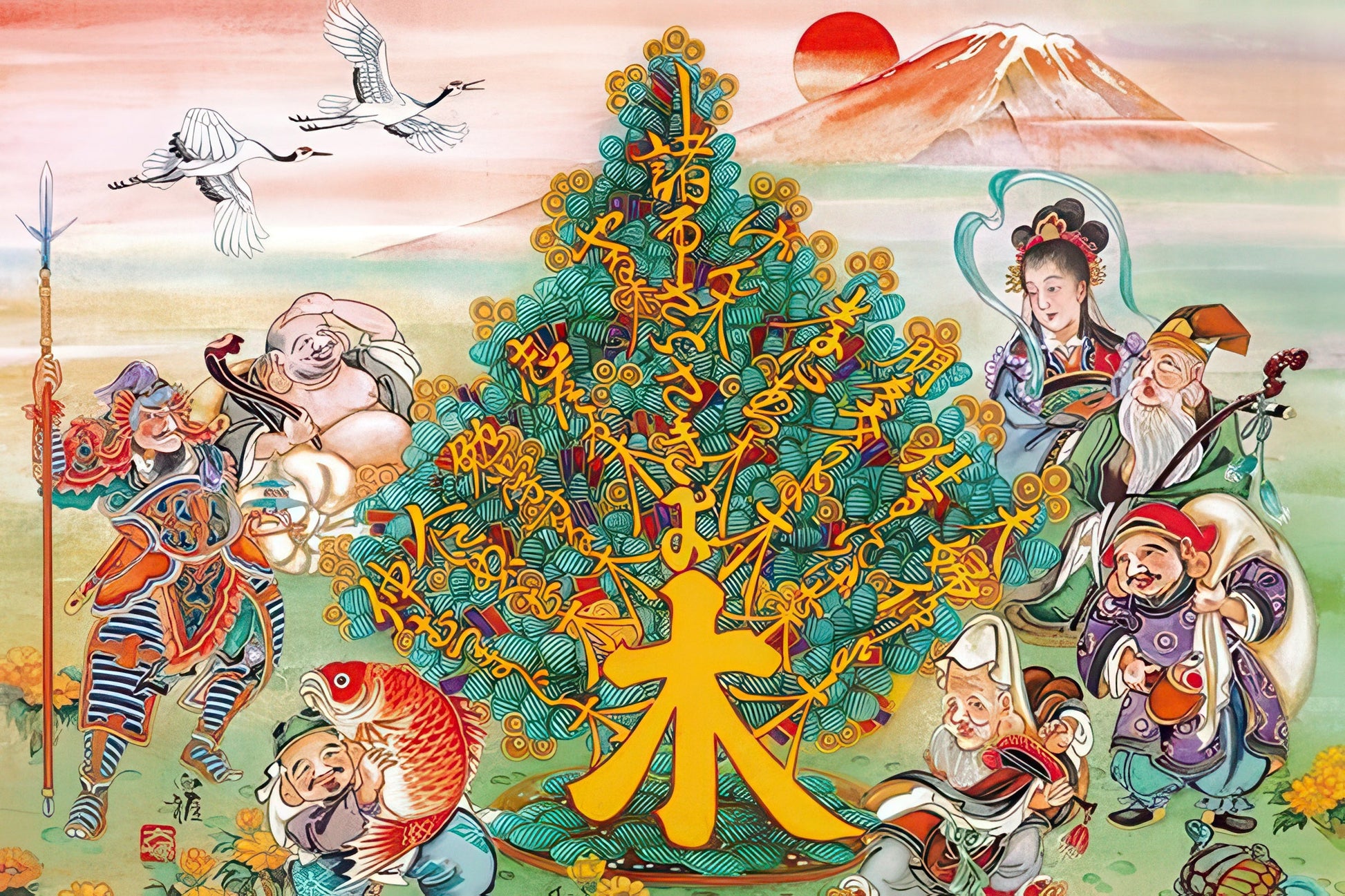 appleone-1000-805-tree-bearing-golden-fruit-and-the-seven-lucky-gods-1000-pieces-jigsaw-puzzle