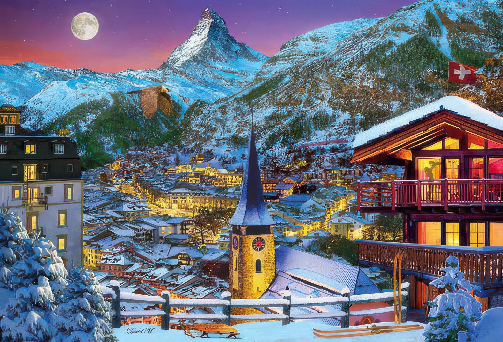 appleone-300-362-illustration-moonlit-night-at-zermatt-300-pieces-jigsaw-puzzle