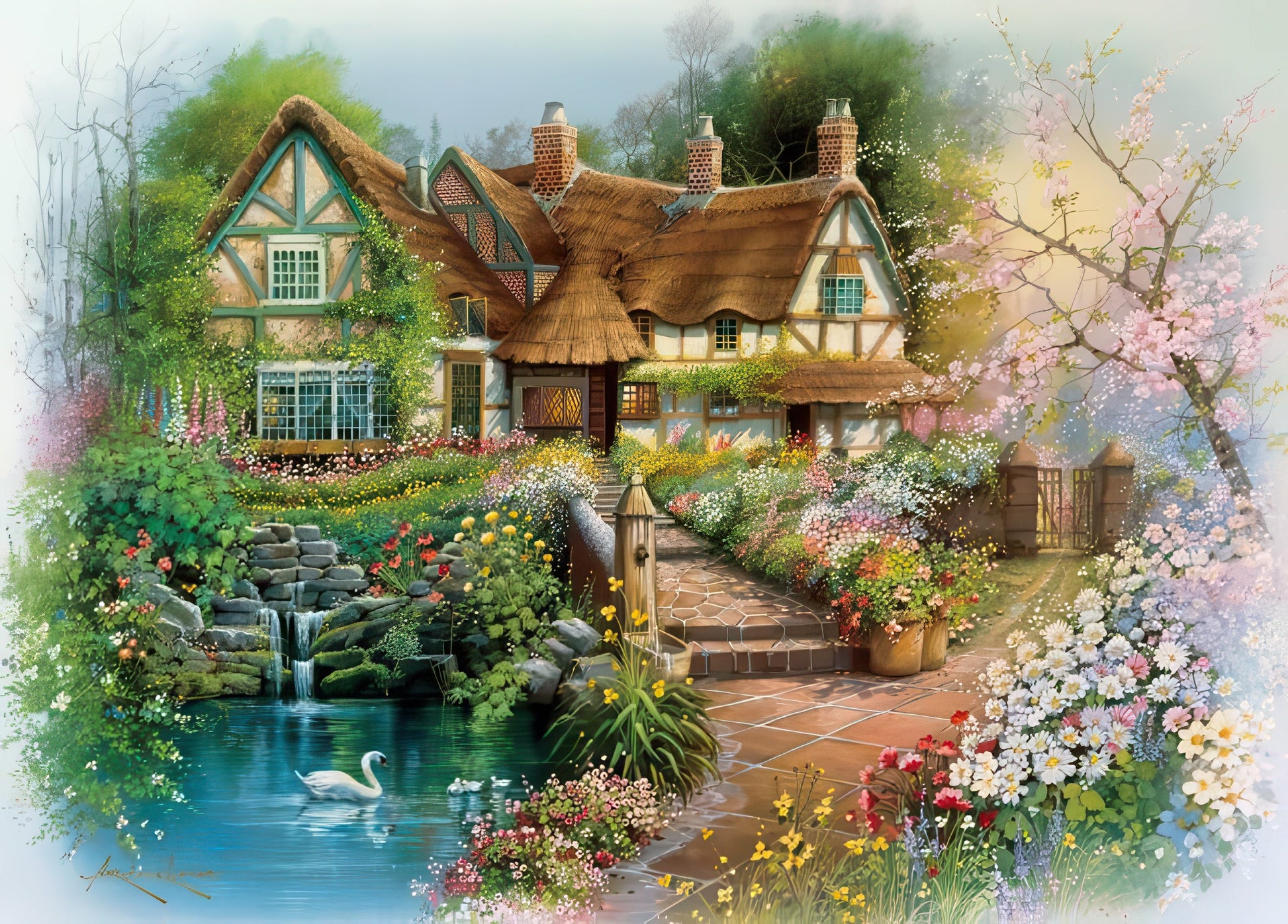 appleone-500-232-illustration-cottage-scene-with-swan-500-pieces-jigsaw-puzzle