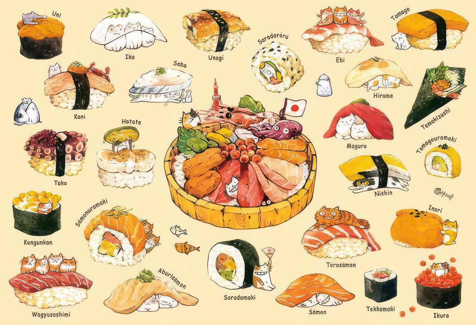 appleone-r300-004-illustration-cat-sushi-300-pieces-jigsaw-puzzle