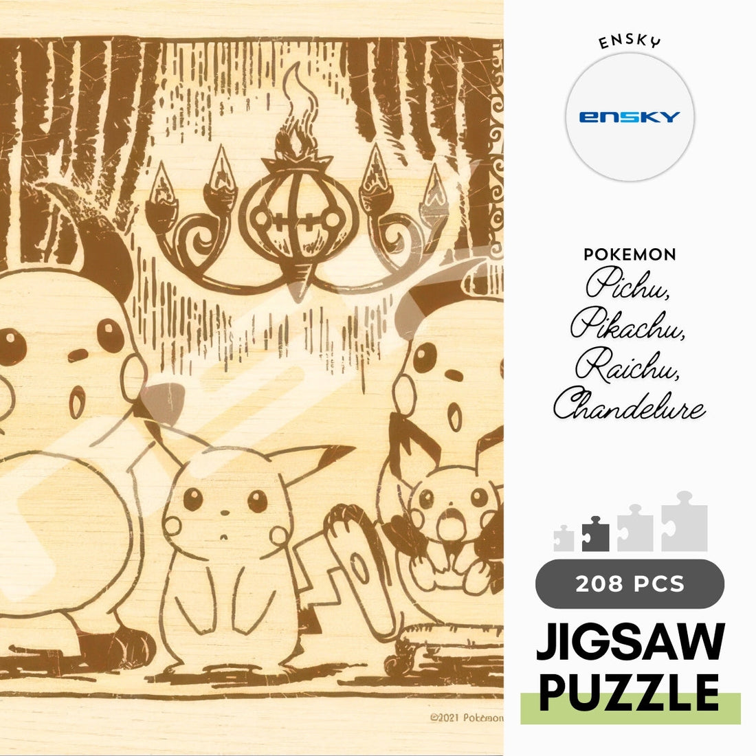 ensky-208-w102-pokemon-pichu-pikachu-raichu-chandelure-208-pieces-wooden-jigsaw-puzzle