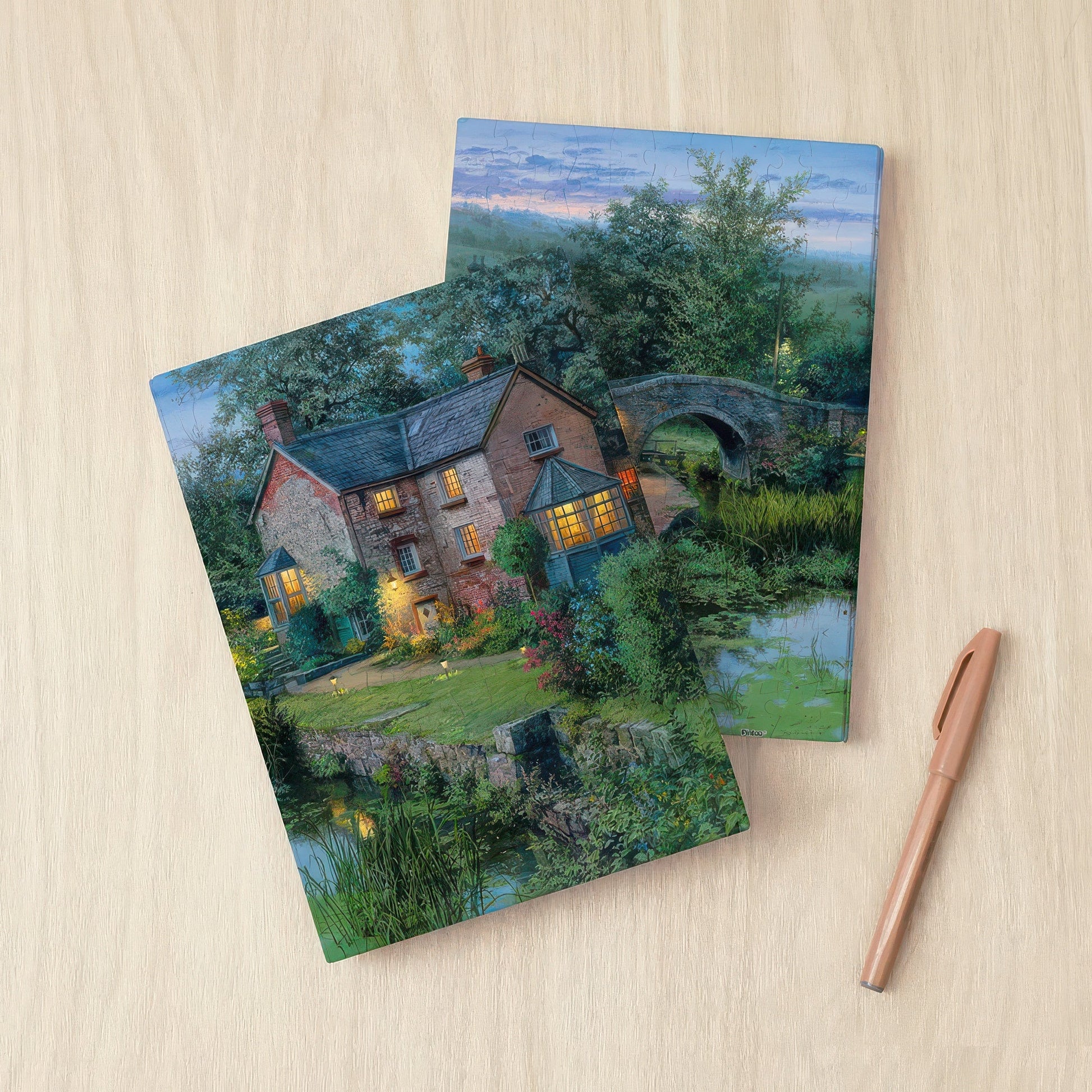 pintoo-ya1007-illustration-old-house-by-the-pond-a5-329-pieces-plastic-book-cover-puzzle