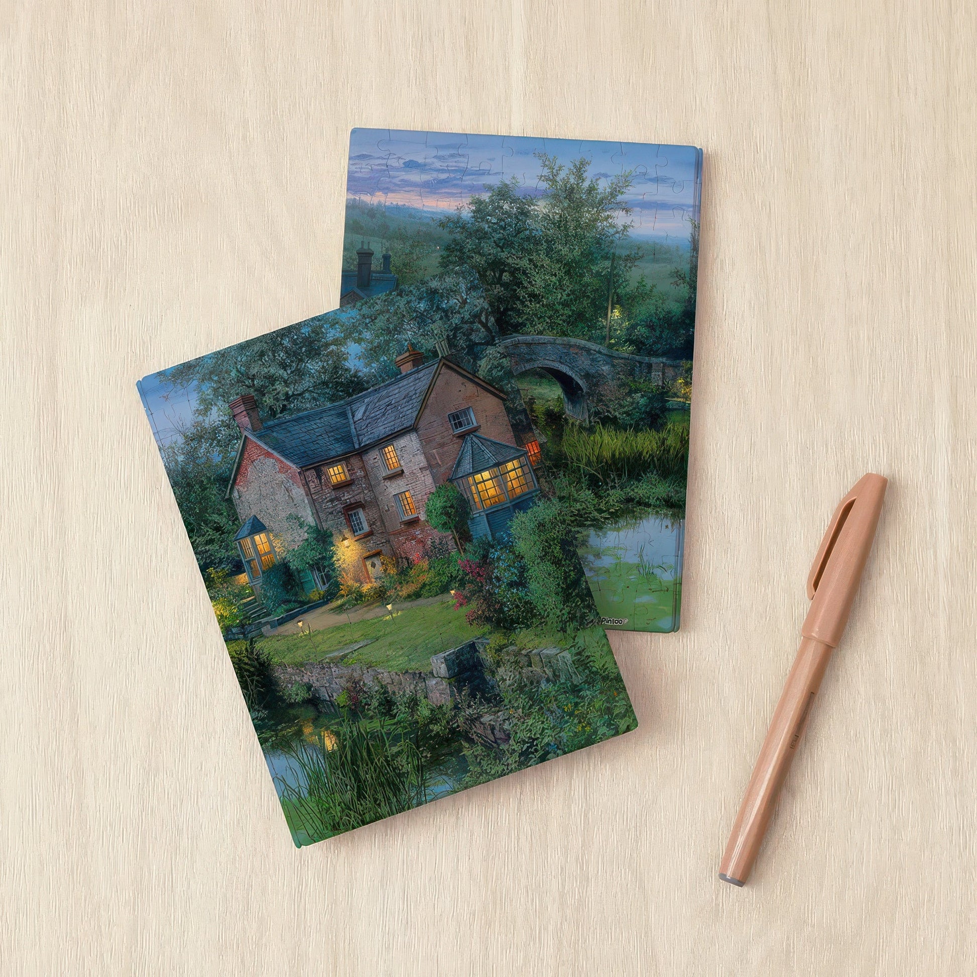 pintoo-yb1007-illustration-old-house-by-the-pond-a6-233-pieces-plastic-book-cover-puzzle