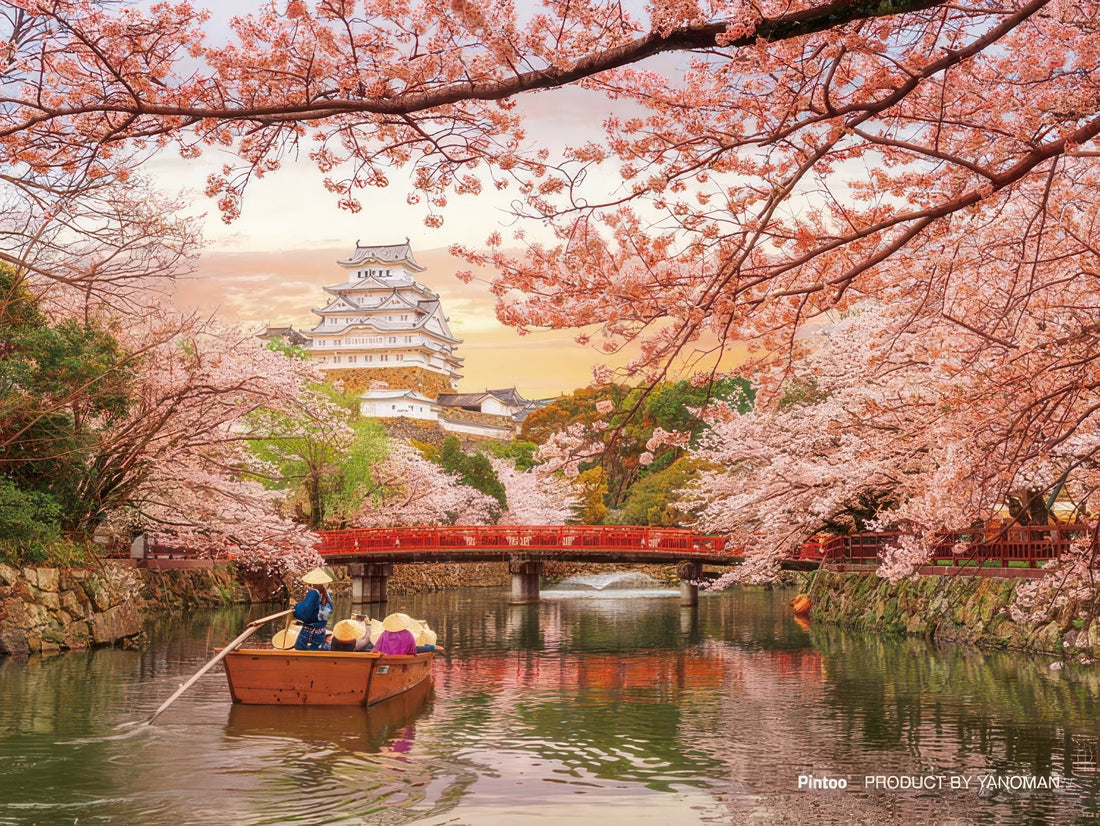 yanoman-2308-28-himeji-castle-and-cherry-blossoms-150-pieces-puzzle-+-stand-set